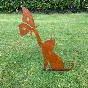 Rusty Cat With Butterfly - Plasma Cut - Garden Art - Rusty Art - Metal Garden Ornament - Gift - Garden Ornament