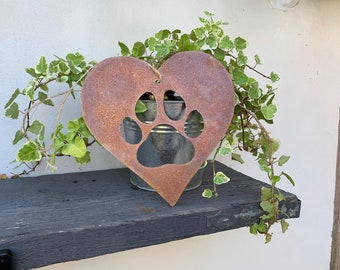 Paw Print - Love Heart With A Paw Print - Dog - Gift - Outside - Metal Ornament - Garden Decor - Rusty - Pet Memorial - Christmas
