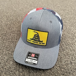 Don&#39;t Tread on Me US Flag Hat Gadsden Flag Mesh SnapBack Cap Individually Handcrafted in Florida!