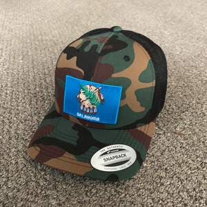 State of Oklahoma Flag Hat SnapBack Trucker Mesh Cap Handcrafted in Florida Camo/Black Mesh