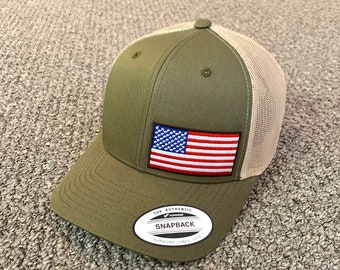 US Flag Hat American Trucker Mesh SnapBack Cap Handcrafted in the USA!