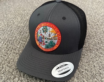 State of Florida Seal Hat SnapBack Trucker Mesh Cap Individually Handcrafted in Florida