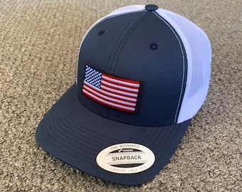 US American Flag Trucker Hat USA Mesh SnapBack Cap Individually Handcrafted in Florida