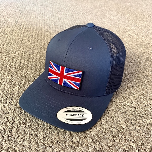 United Kingdom British Union Jack Flag Hat SnapBack American Trucker Mesh Cap Handcrafted in the USA! Color: Navy/Navy