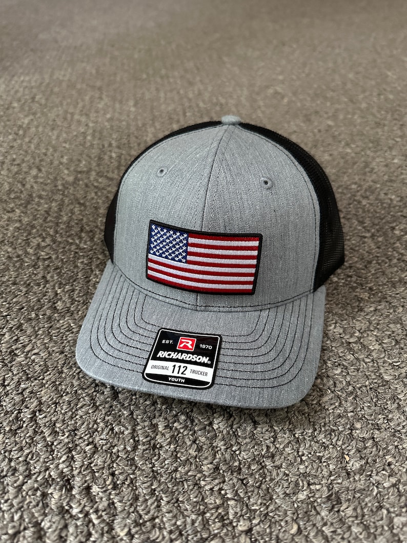 US Flag Youth Hat American Trucker Mesh SnapBack Cap Handcrafted from Florida Heather/Black Mesh