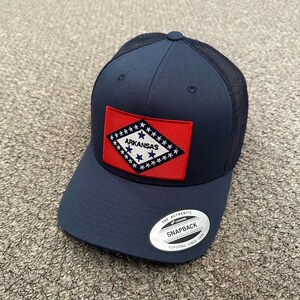 State of ARKANSAS Flag Hat SnapBack American Trucker Mesh Cap Handcrafted in Florida!