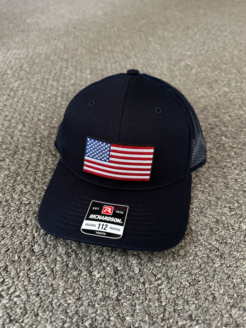 US Flag Youth Hat American Trucker Mesh SnapBack Cap Handcrafted from Florida Navy/Navy Mesh