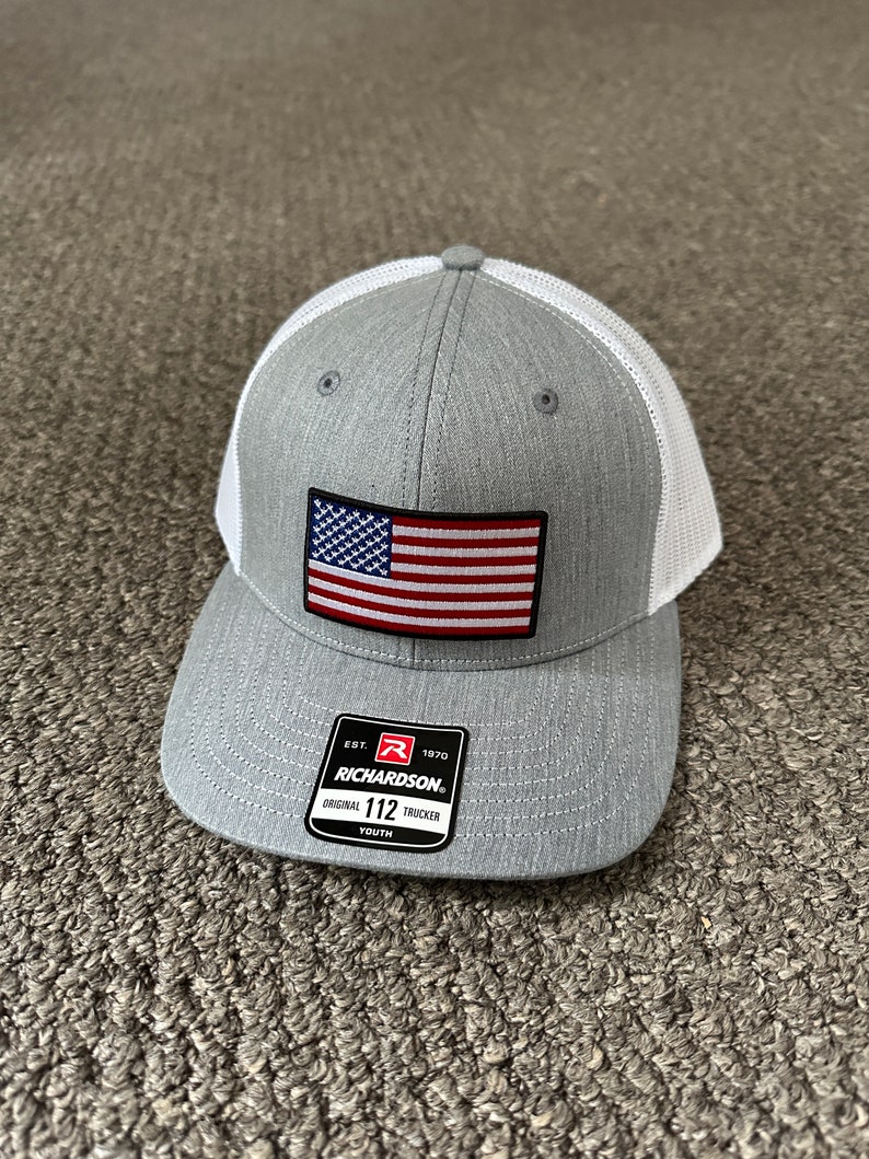 US Flag Youth Hat American Trucker Mesh SnapBack Cap Handcrafted from Florida Heather/White Mesh