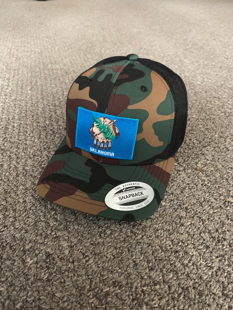 State of Oklahoma Flag Hat SnapBack Trucker Mesh Cap Handcrafted in Florida Camo/Black Mesh