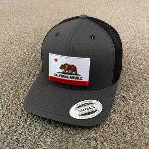 State of CALIFORNIA Flag Hat SnapBack American Trucker Mesh Cap Handcrafted in Florida!