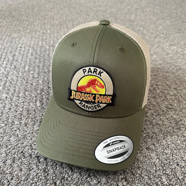 Boné Jurassic Park Ranger Park Security SnapBack Trucker Mesh Cap, feito à mão individualmente na Flórida!