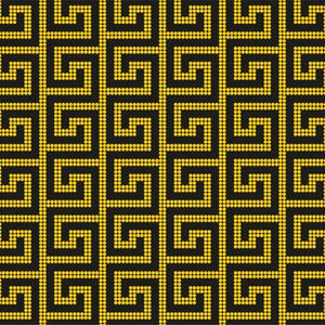 May include: A black and gold geometric pattern made of small circles. The pattern is a repeating design of interlocking squares.