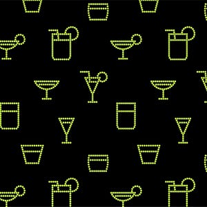 May include: A seamless pattern featuring various types of glasses and cocktail glasses in a light green colour on a black background.