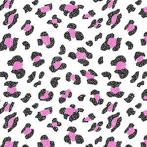 May include: A seamless pattern featuring black and pink leopard spots. The spots are made up of small circles, creating a textured look.