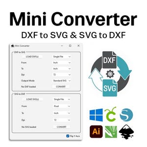 Op de afbeelding: Afbeelding van een software-interface "Mini Converter" voor het converteren van DXF naar SVG en SVG naar DXF bestanden. De interface bevat invoervelden voor bestandsselectie, eenheden (inch) en DPI-instellingen. Software-iconen zijn ook aanwezig.