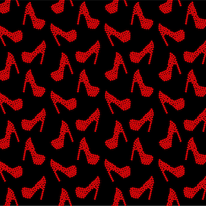 May include: A repeating pattern of red high-heeled shoes on a black background. The shoes are composed of small red dots, creating a textured appearance. The design is a seamless repeat, suitable for various applications.