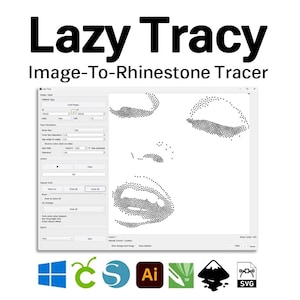 Op de afbeelding: De afbeelding toont de software "Lazy Tracy Image-To-Rhinestone Tracer". De software-interface toont een gezichtsontwerp gemaakt van stippen. Daaronder staan verschillende software-iconen, waaronder Windows en SVG.