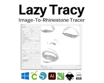 May include: The image displays the software "Lazy Tracy Image-To-Rhinestone Tracer". The software interface shows a face design made of dots. Below the interface are several software icons, including Windows, and SVG.