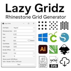 Peut inclure: L'image présente le texte "Lazy Gridz Rhinestone Grid Generator". Une interface logicielle affiche les paramètres de style de grille, la taille des strass et les dimensions en pouces. Des icônes de logiciels et de formats de fichiers sont également présentes.