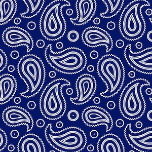 Può includere: Uno schema senza cuciture di forme paisley bianche su uno sfondo blu scuro. Le forme paisley sono composte da piccoli punti bianchi.