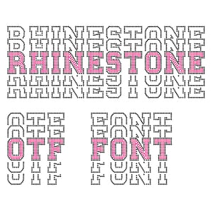 Può includere: Su sfondo bianco, la parola "RHINESTONE" in rosa è delineata da punti neri. Sotto, le parole "OTF FONT" e "FONT" sono anch'esse in rosa, con un contorno a puntini neri. Il design è probabilmente per progetti di artigianato o design.
