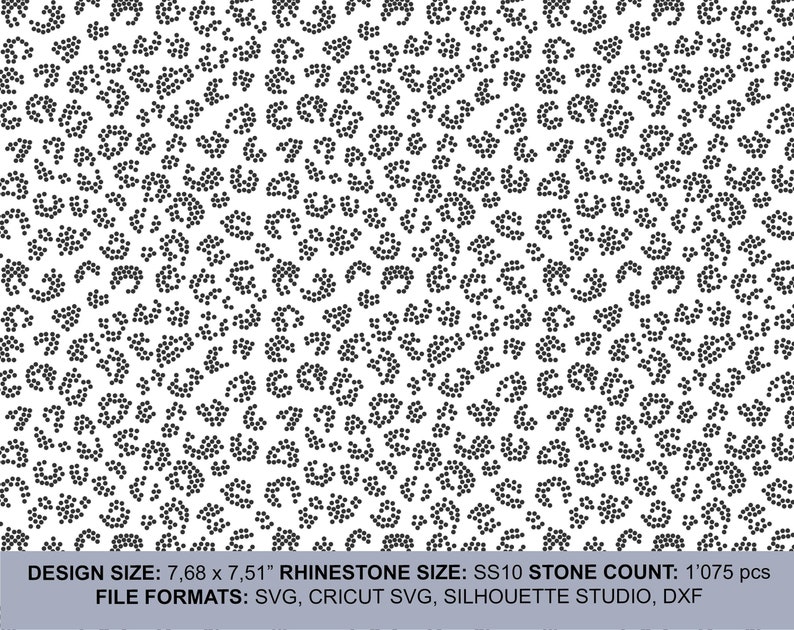 Puede incluir: Dise&ntilde;o digital con estampado de leopardo en blanco y negro. El dise&ntilde;o mide 19,5 x 19,1 cm. El tama&ntilde;o de los diamantes de imitaci&oacute;n es SS10, con 1.075 piedras. Los formatos de archivo incluyen SVG, Cricut SVG, Silhouette Studio y DXF. Patr&oacute;n repetitivo.