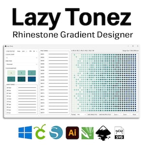 Op de afbeelding: Een computerscherm toont de software-interface "Lazy Tonez Rhinestone Gradient Designer". De interface heeft kleurstalen, fijnafstemmingsopties en een raster van gekleurde stippen. Software-iconen voor Windows, Inkscape en anderen staan onderaan.