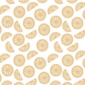 Peut inclure: Un motif sans couture de tranches d'orange et d'oranges entières. Les oranges sont composées de petits points, créant un effet pointillé. Le fond est blanc.