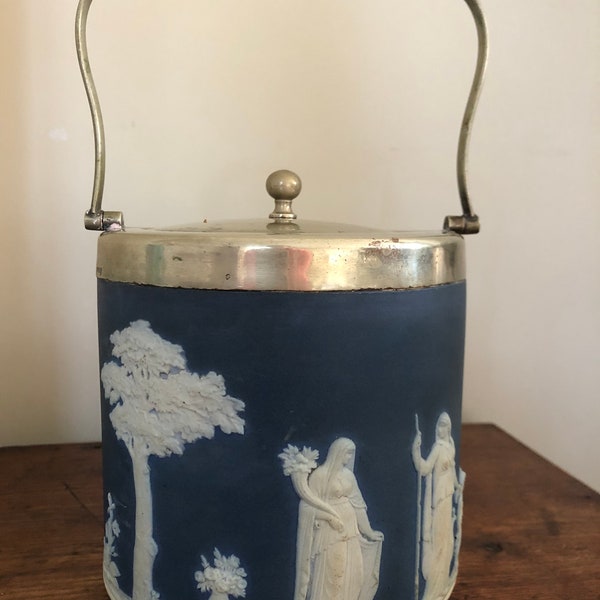 Wedgwood vintage antique 1930s English cobalt blue jasperware jasper Biscuit barrel