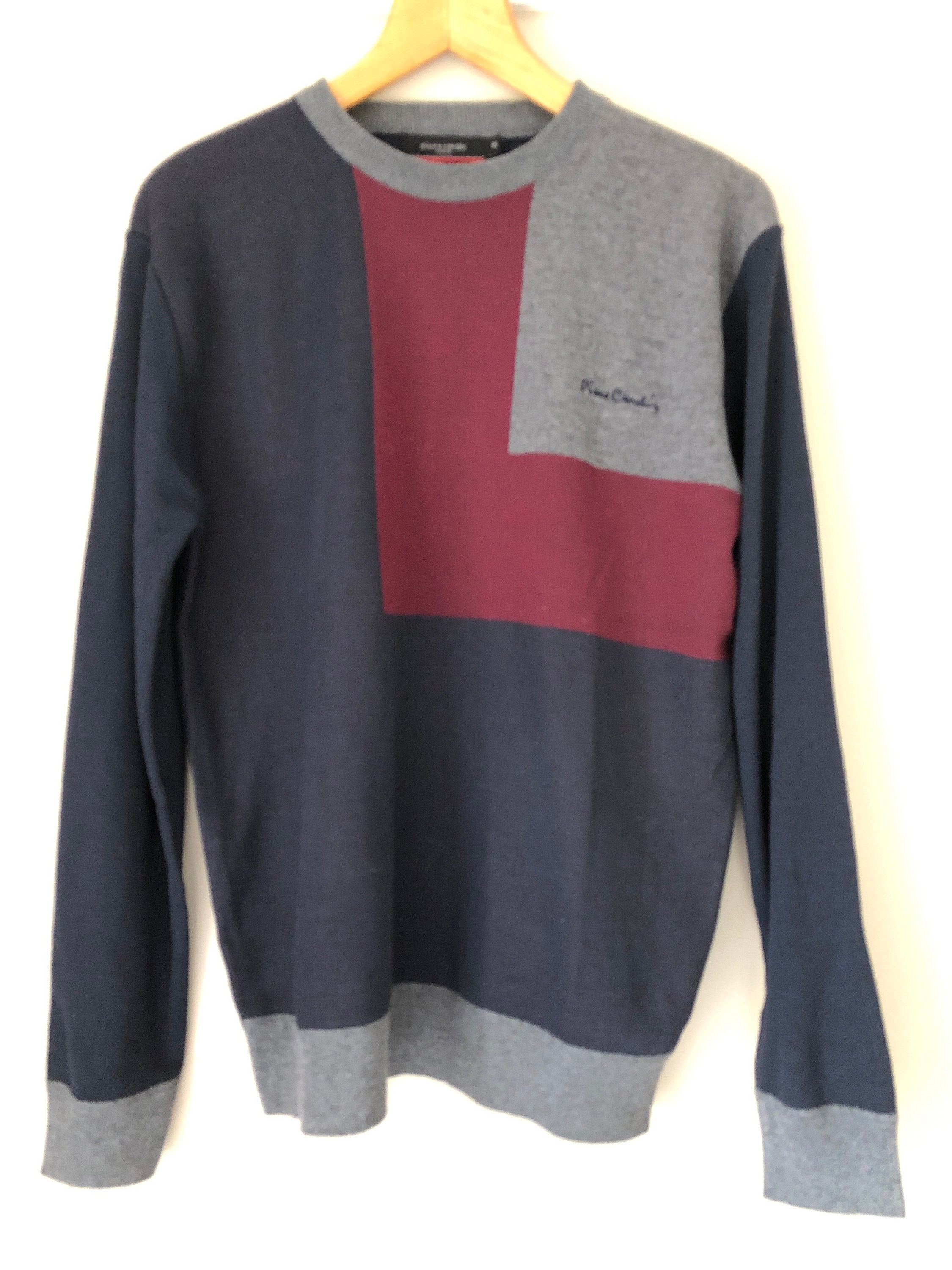 Image of Men’S Vintage 1980S Style Pierre Cardin Sweater Jumper Block Colour Navy Grey