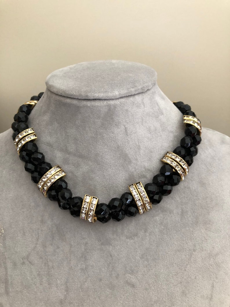vintage 1980s faceted black glass rhinestone bar choker necklace 80s