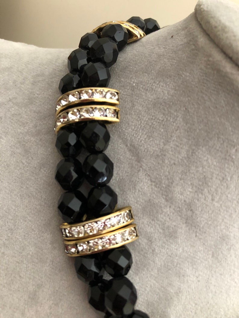 vintage 1980s faceted black glass rhinestone bar choker necklace 80s