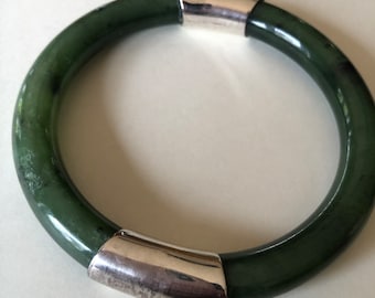 Silver spinach nephrite jade silver bangle  bracelet