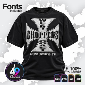 May include: A black short-sleeve t-shirt featuring a large white distressed iron cross graphic with the text West Coast Choppers and Long Beach CA. The design includes the text Fonts incluidas, 100% Editable, SVG, PNG, AI, and CDR.