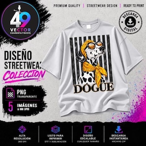 Puede incluir: Una camiseta gris claro de manga corta con un gráfico de un perro dálmata que lleva un pañuelo amarillo y gafas de sol con cristales naranjas. El perro está frente a rayas verticales negras con la palabra DOGUE impresa en letras negritas.