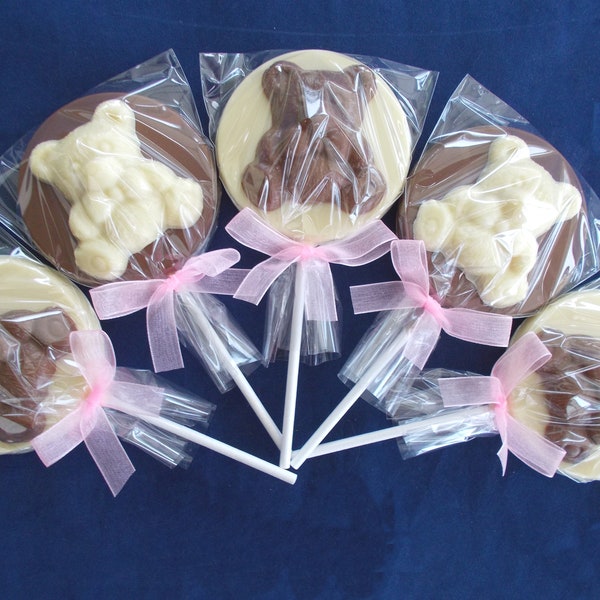 Belgian Chocolate Teddy bear lollipops - Girls, Baby shower, 1st or 1 year old Birthday, Anniversary,  party bag fillers, favours, birthday.