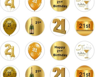 24 x Pre Cut or Un cut  21st themed Gold and Black BirthdayRice Wafer Paper Cup Cake Toppers
