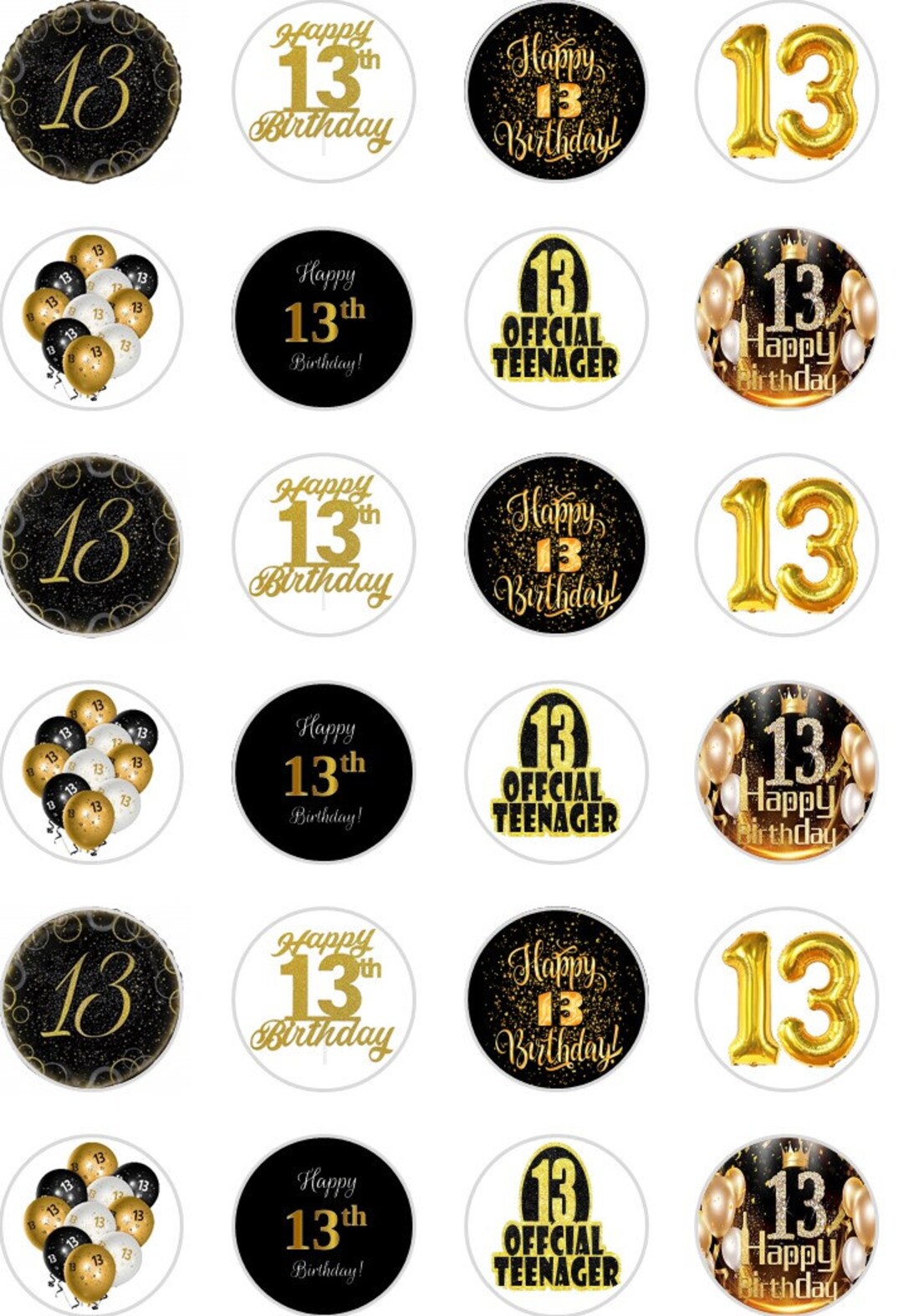13th Birthday Cupcake Toppers: Gold & Black Rice Paper (24 Pre-cut or ...