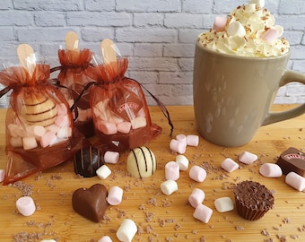 May include: Three small brown bags filled with chocolate, marshmallows, and a wooden spoon. The bags are on a wooden surface with a cup of hot chocolate topped with whipped cream and marshmallows, and scattered chocolate pieces and marshmallows.