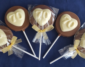 Belgian Chocolate 70th Heart Birthday or Anniversary lollipops - party bag fillers, favours, birthday gift, anniversary present