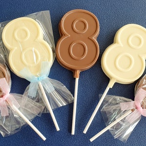 Belgian Chocolate 8th, 8 year old Birthday or Anniversary lollipops - party bag fillers, favours, birthday gift, anniversary present