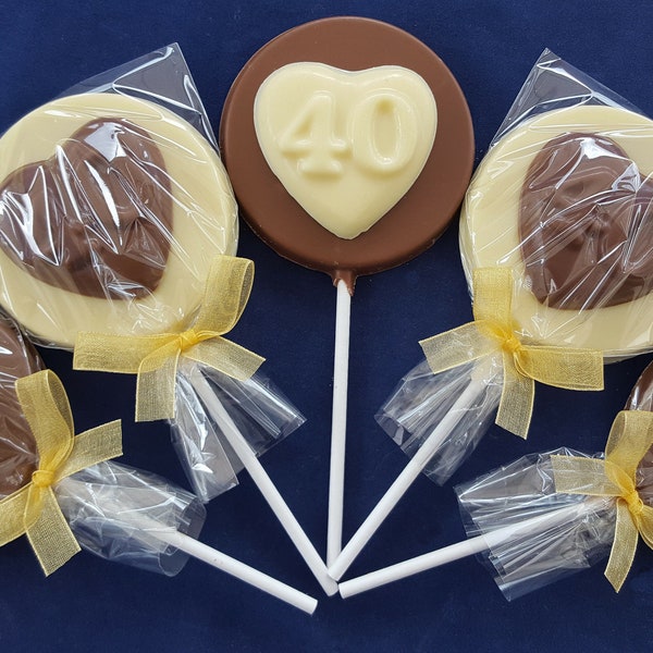 Belgian Chocolate 40th Heart Birthday or Anniversary lollipops - party bag fillers, favours, birthday gift, anniversary present