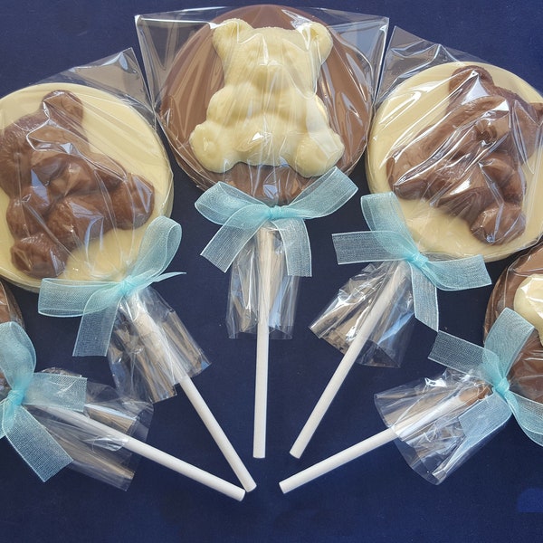 Belgian Chocolate Teddy bear lollipops - Boys Baby shower, 1st or 1 year old Birthday, Anniversary,  party bag fillers, favours, birthday.