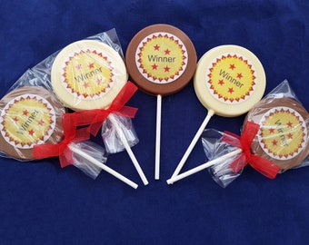 Belgian Chocolate winner medal, trophy, prize lollipops - party bag fillers. great for pass the parcel prizes.