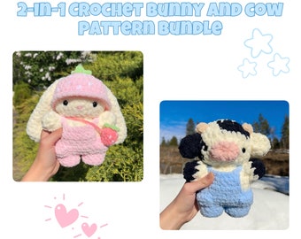 Crochet Cow and Bunny in Overalls Plushie Pattern Bundle