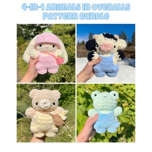 4-in-1 Crochet Baby Animals in Overalls Plushie PATTERN