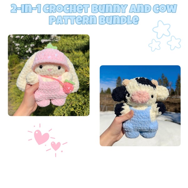 Crochet Cow and Bunny in Overalls Plushie Pattern Bundle
