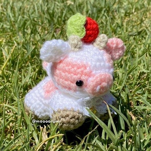 May include: A crocheted pig with pink and white spots, wearing a green and red crocheted hat. The pig is sitting on a bed of green grass. The image includes the text "@moooorum".