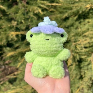 May include: A small green plush frog wearing a purple and light blue flower on its head.