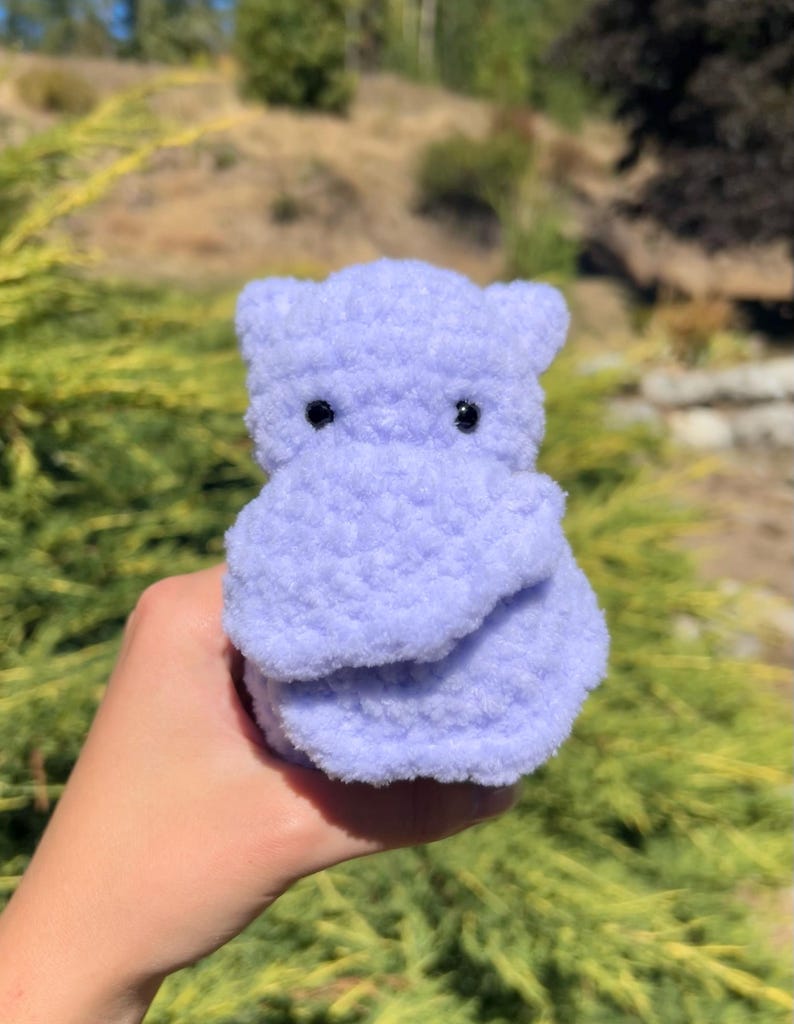 May include: A small, crocheted purple hippopotamus toy with black eyes. The toy is being held in a person's hand.